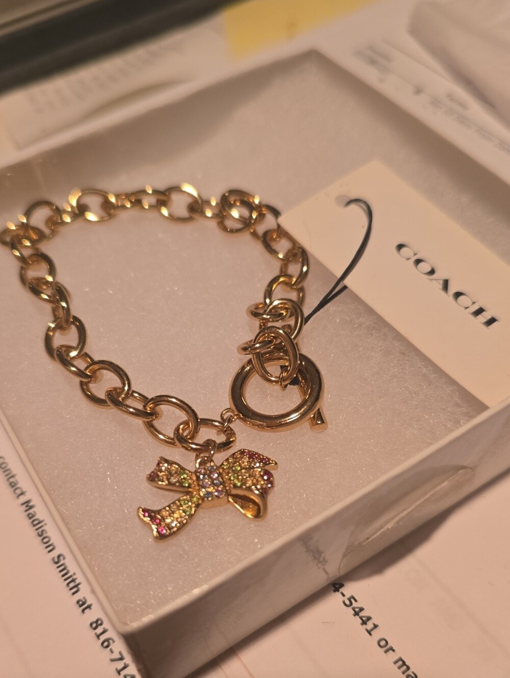 NWT Coach BOW Gold Chain Bracelet with Multicolor Crystal Bow Coquette